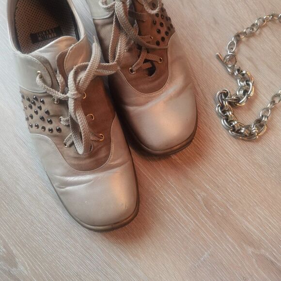 Gold Jeweled Leather Sneakers Runners Mesh Bling 90s - Picture 3 of 7